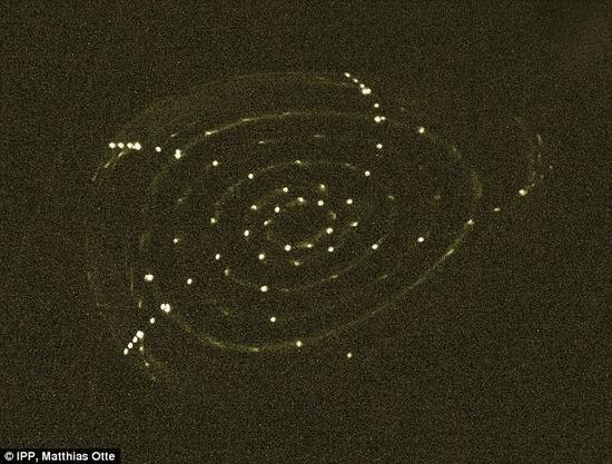 該系統(tǒng)初次測試時的圖像，顯示了熒光分支閉合的過程，使嵌套的磁場表面變得可見。